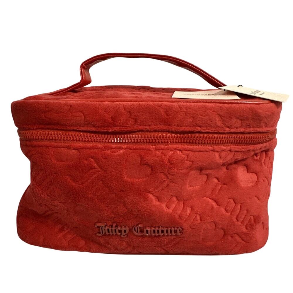 Juicy Couture Cosmetic Case Red Velour Makeup Bag Zip Closure Travel Tote New